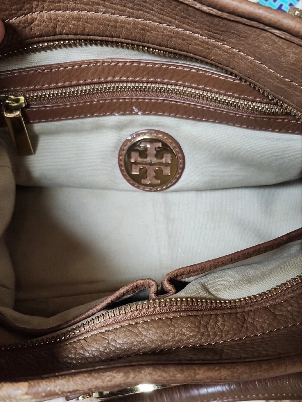 Tory Burch Amanda Brown Leather Satchel Handbag with Gold Logo Accent
